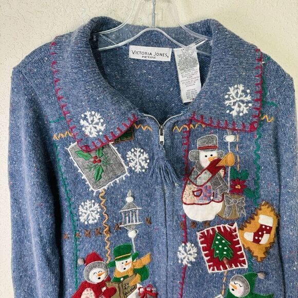 Victoria Jones Petite Christmas Sweater Women's Size PM Full Zip Snowmen Blue - Picture 7 of 13